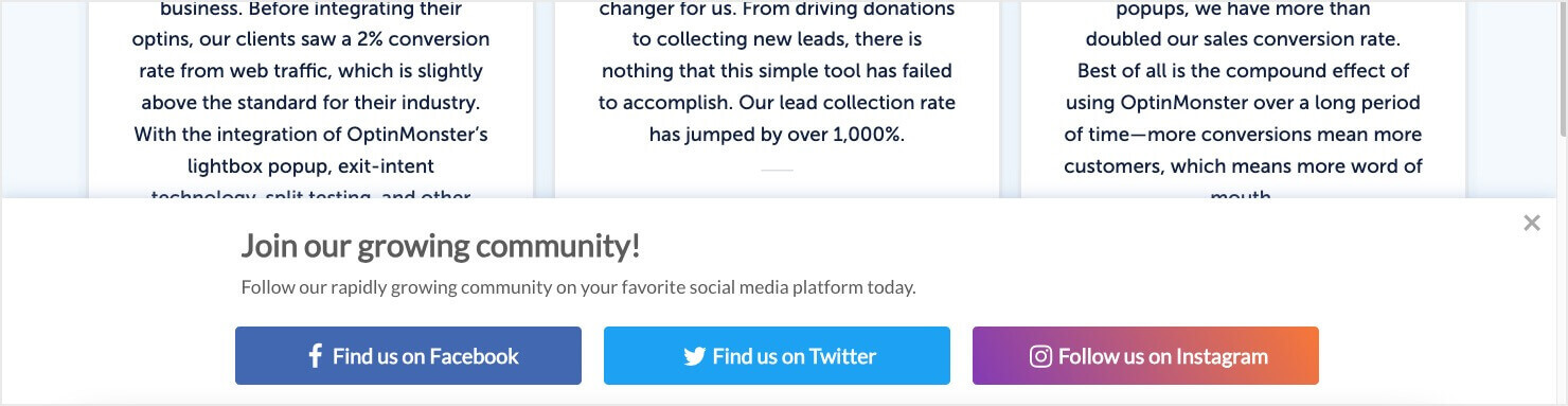 Screenshot of an OptinMonster floating social bar template. The bar hovers at the bottom of the page and says "Join our growing community." 3 buttons say Find us on Facebook, Find us on Twitter, and Follow us on Instagram. 