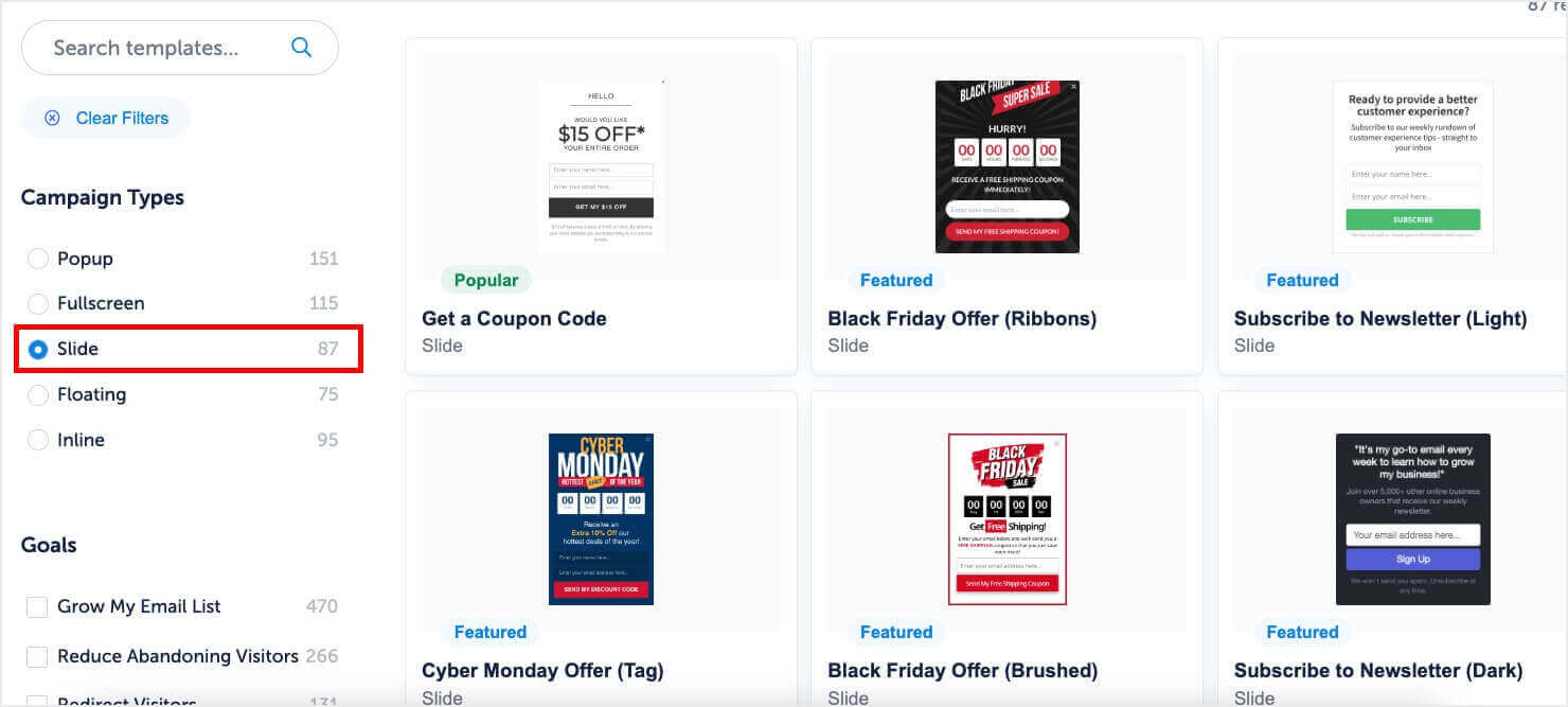 OptinMonster's template library. In the left menu, "Slide-In" is selected, revealing a gallery of slide-in templates