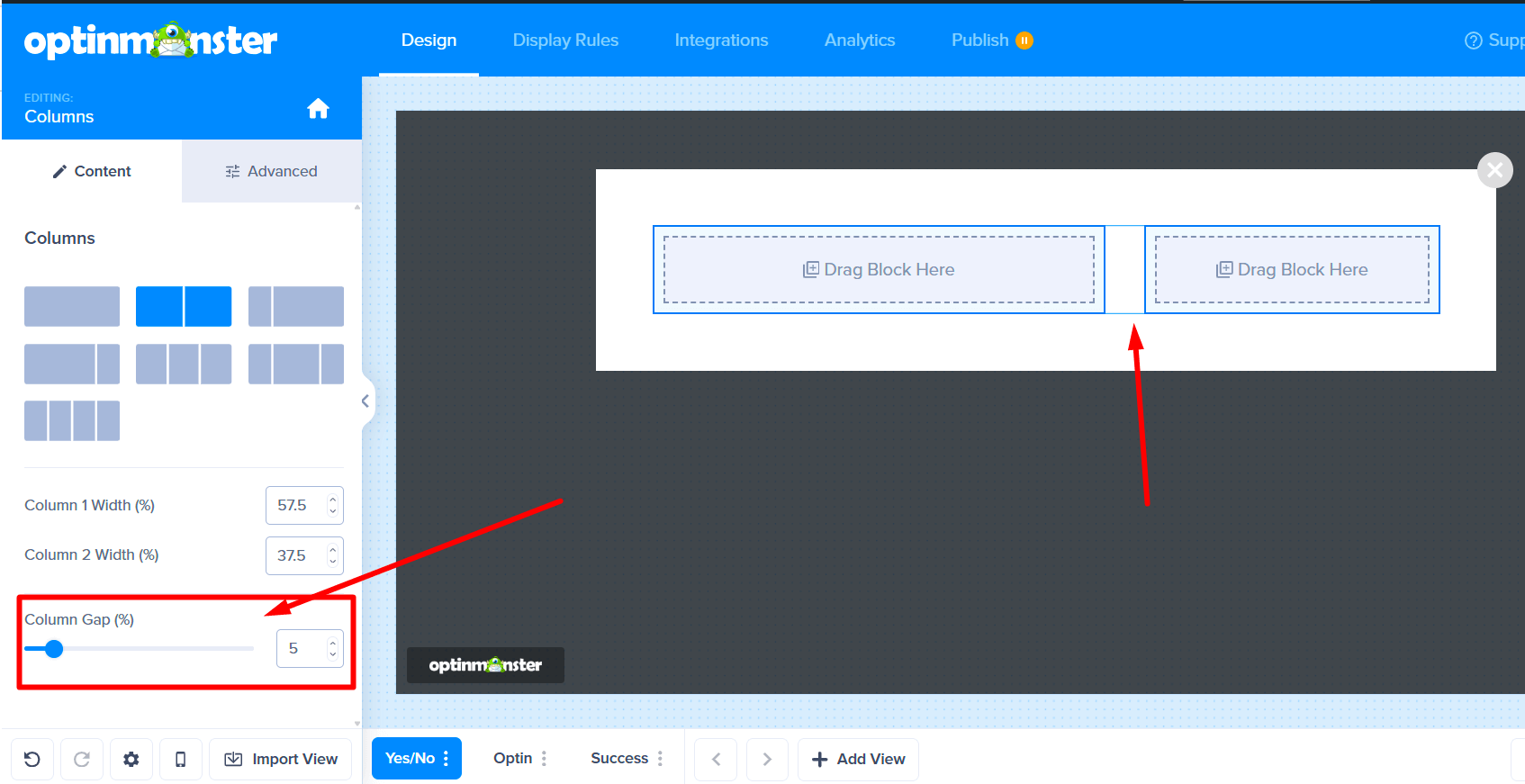 Using the Column Gap slider in the left sidebar to add space between columns.
