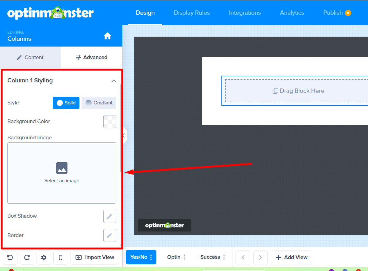 Styling options for an individual column, such as background color and padding.