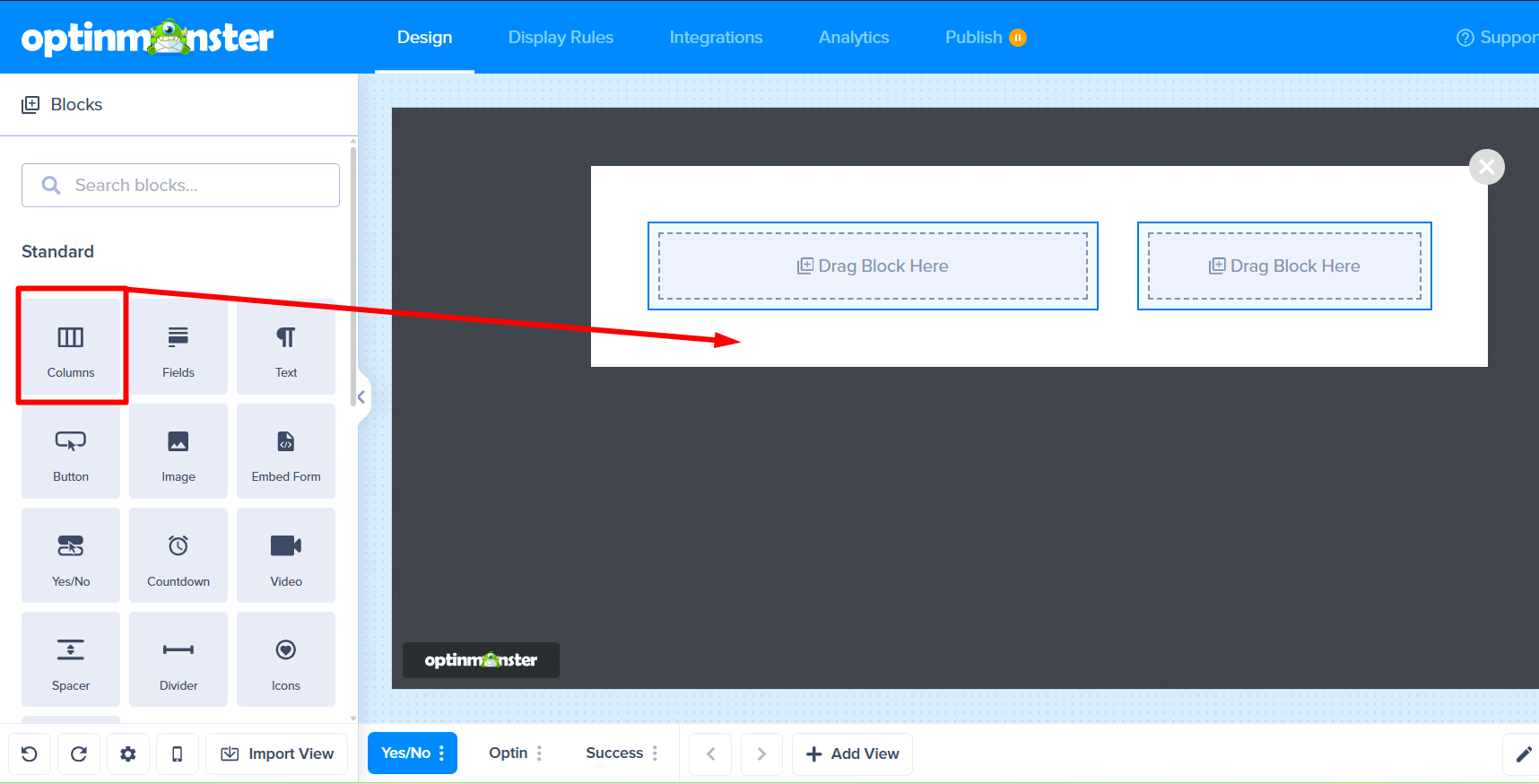 Dragging a second Columns block from the sidebar into the campaign design.