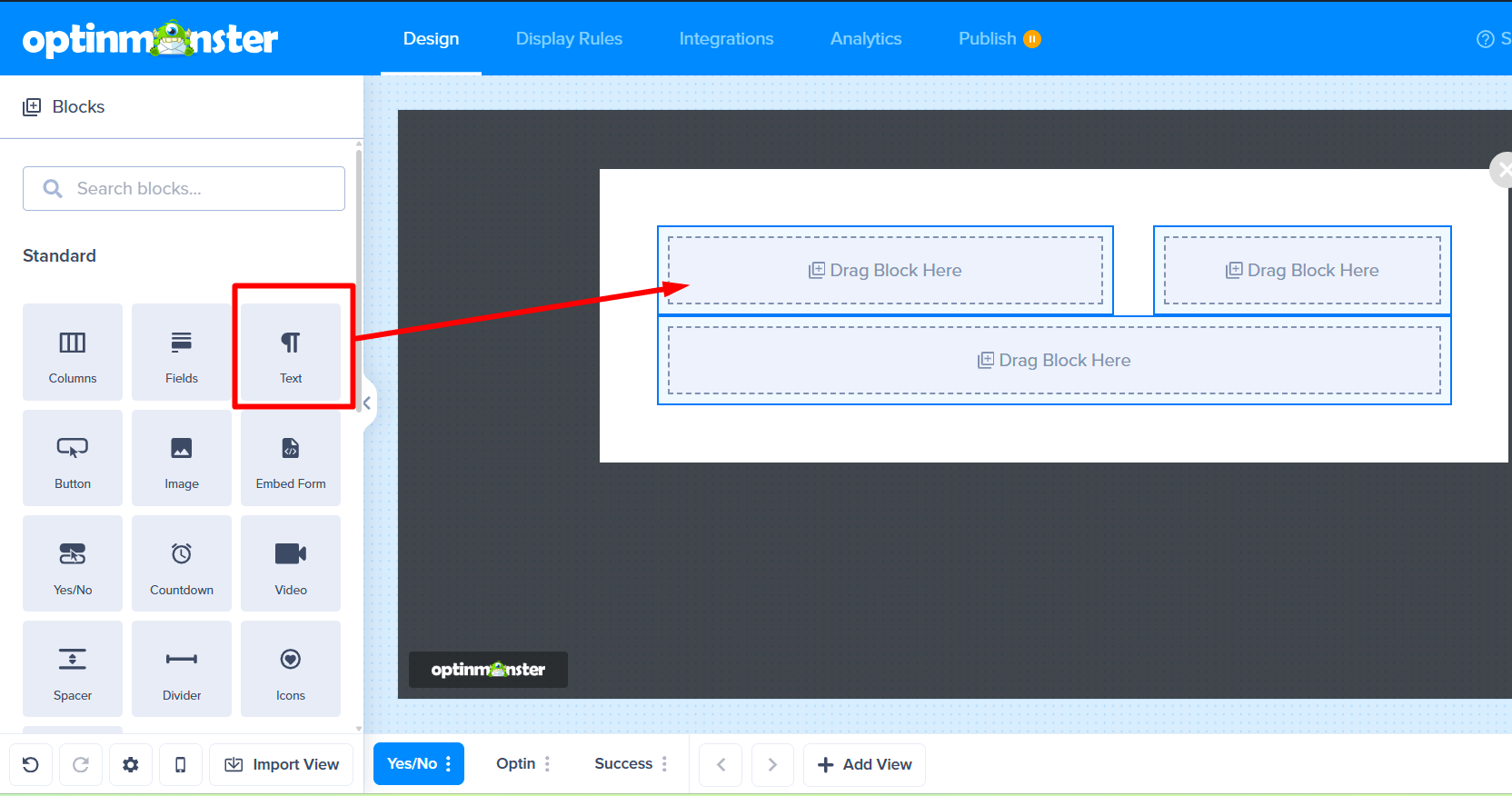 Dragging a Text block from the sidebar and dropping it into a column.