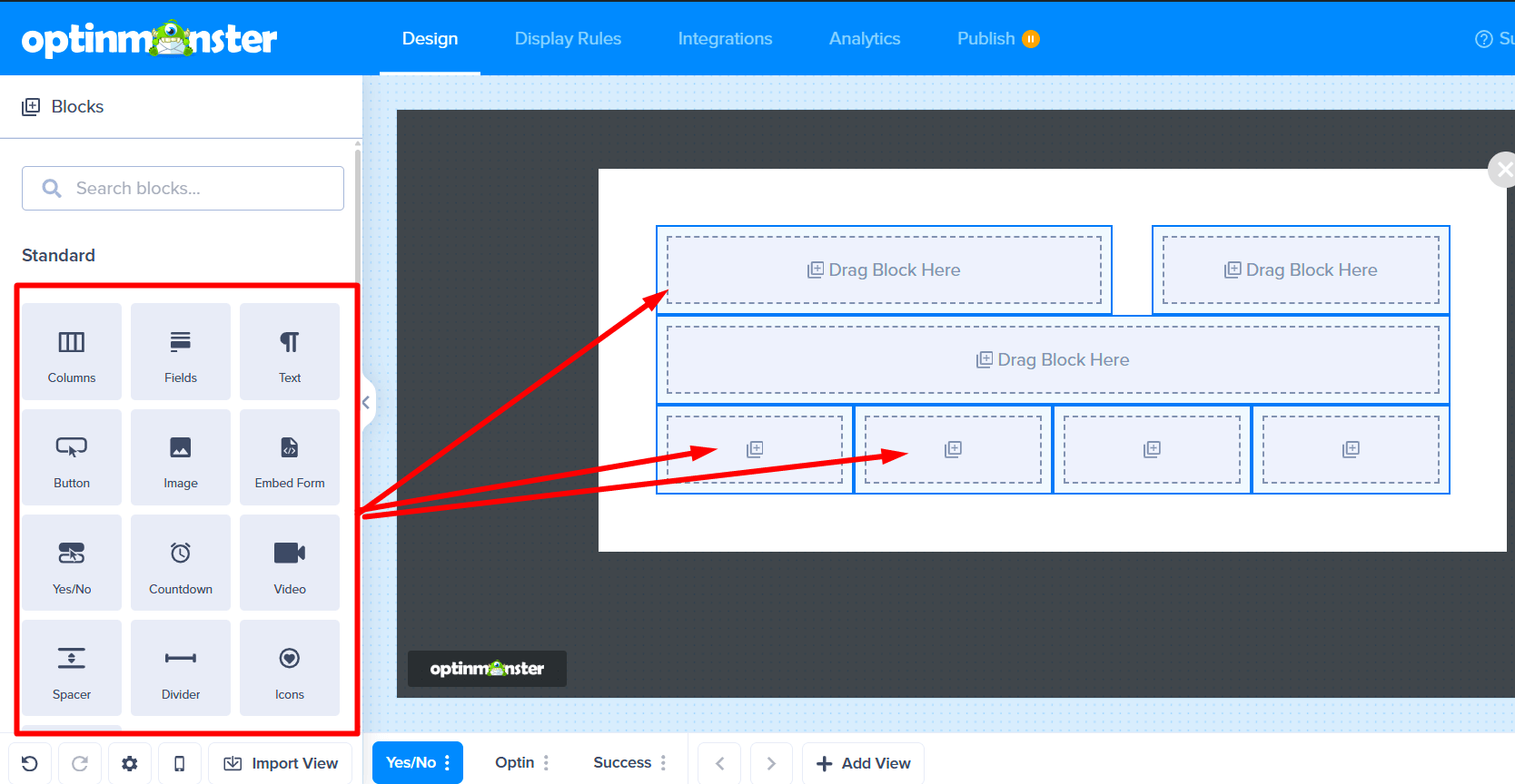 A fully designed campaign showing various blocks placed within the column structure.