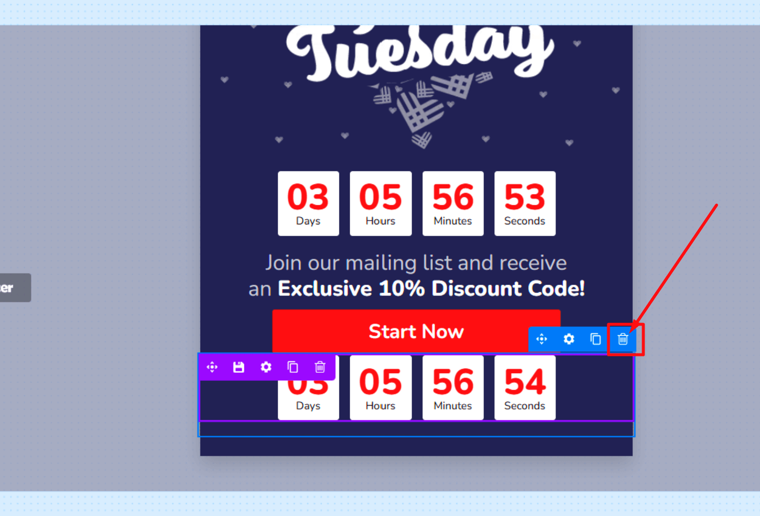 dhover_over_to_delete_block_1 - OptinMonster Hovering over a Columns block to show the blue toolbar with the delete icon.