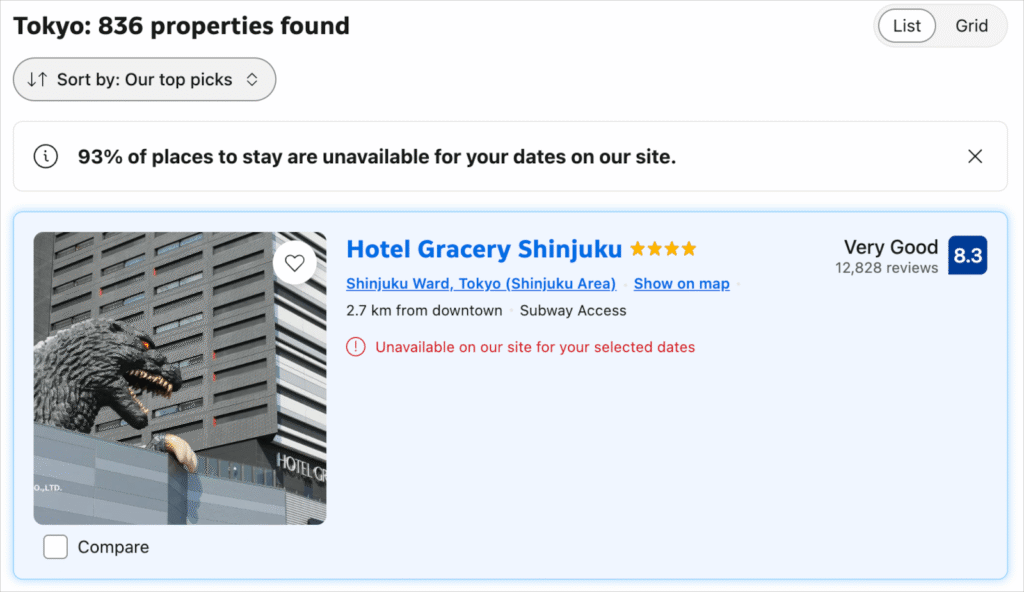 Sold out message Booking.com