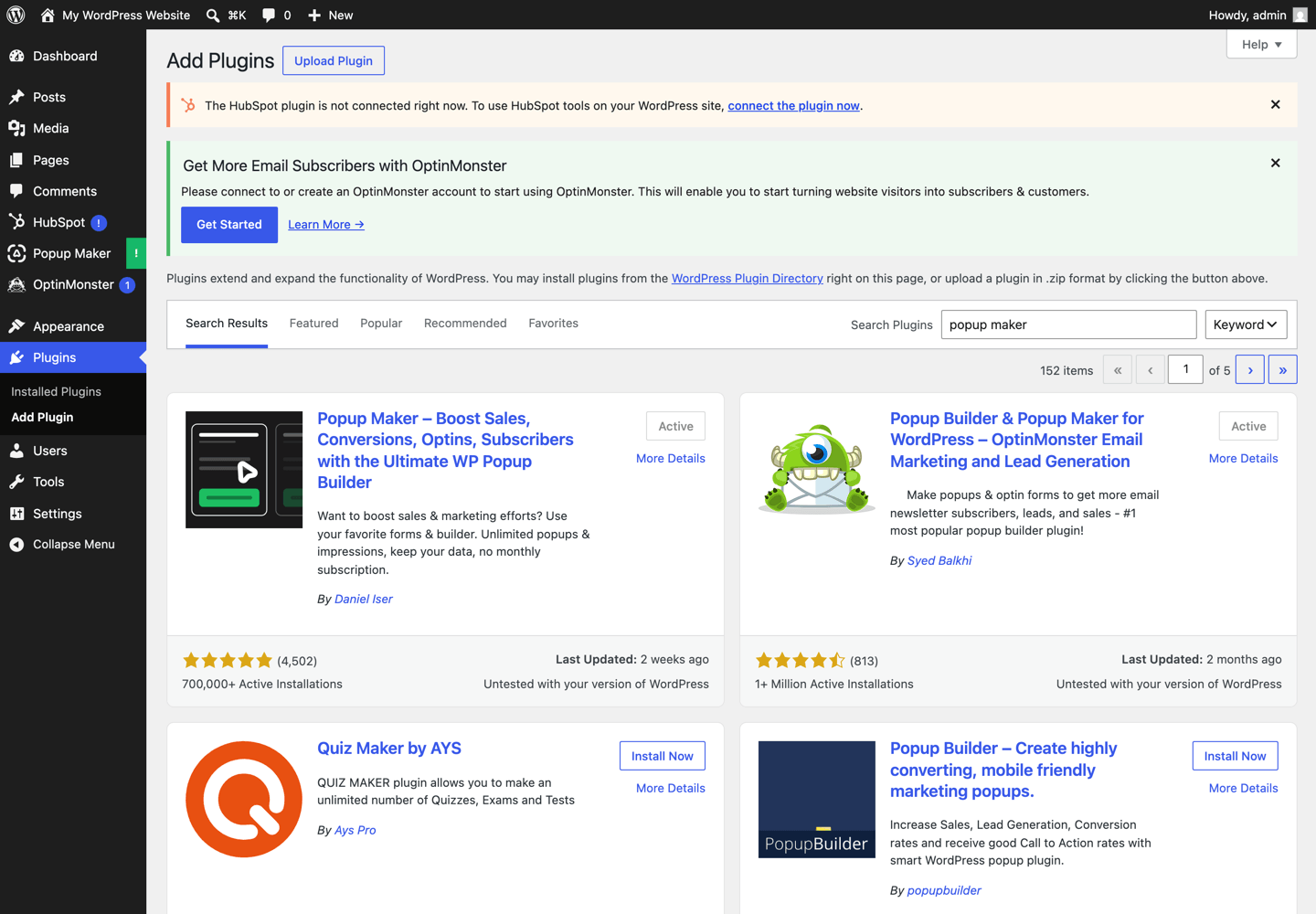 WordPress plugin directory search results showing install counts for OptinMonster (1+ million active installations) and Popup Maker (700,000+)