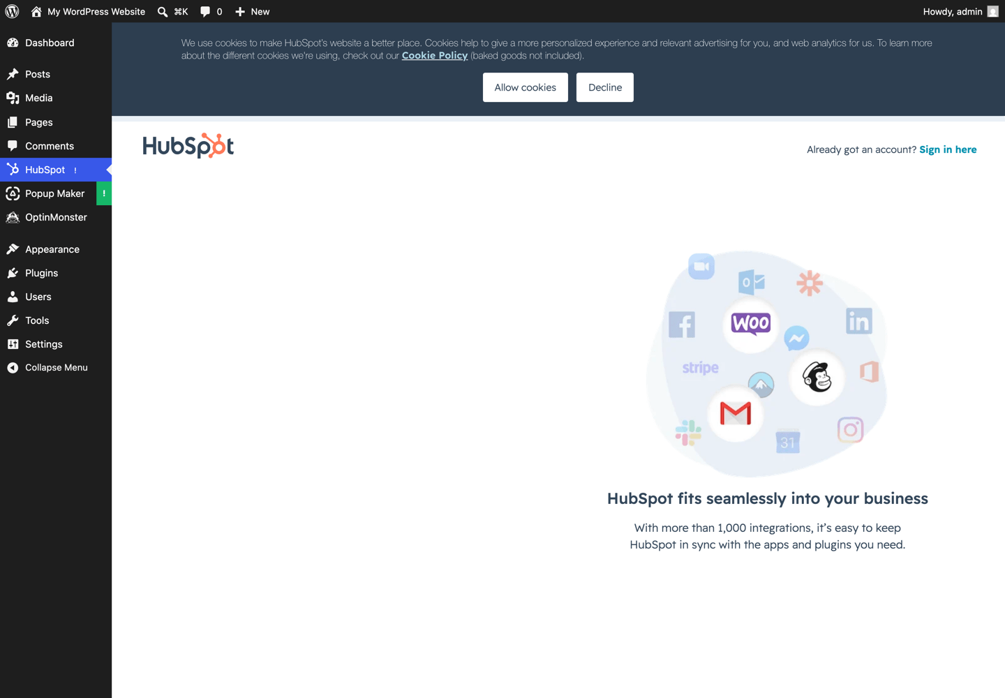 HubSpot WordPress plugin showing the create-account signup screen inside wp-admin immediately after activation