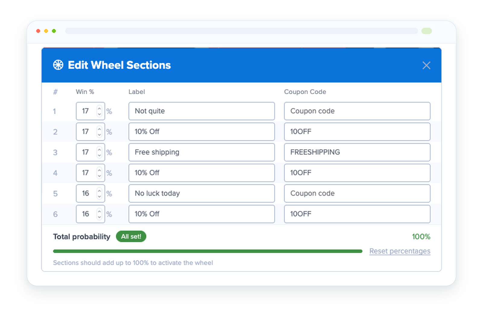 Personalize the win percentages of your OptinMonster Coupon Wheel campaigns.