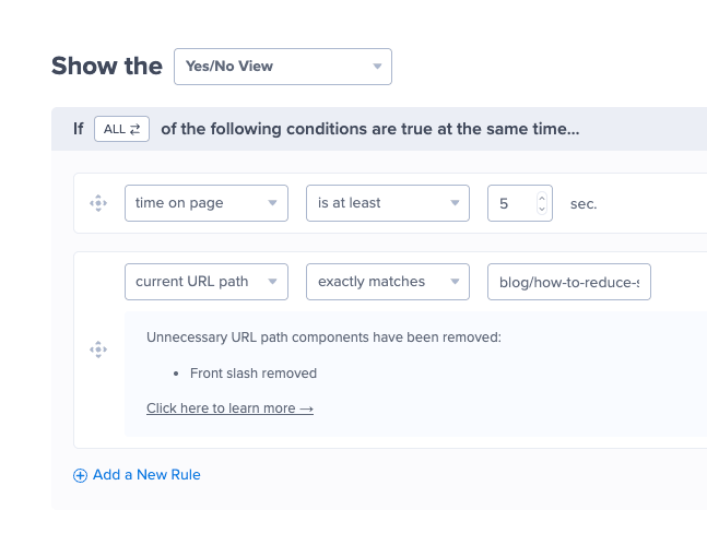 OptinMonster page-level targeting rules set to display a campaign only on a specific blog post URL, using a current URL path exactly matches condition.