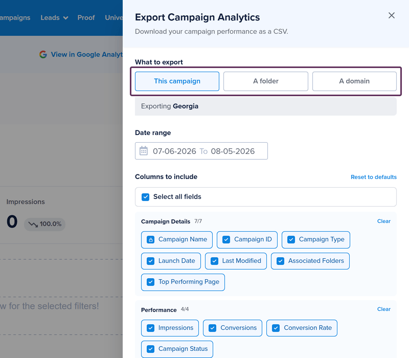 Choose the scope of your export at the top of the export panel.