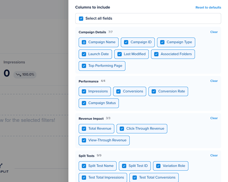 Toggle the columns to include in your analytics export.