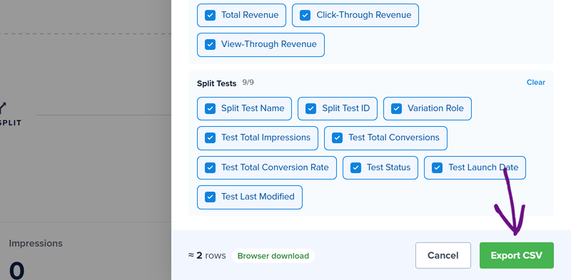 Click the Export CSV button at the bottom of the export panel.