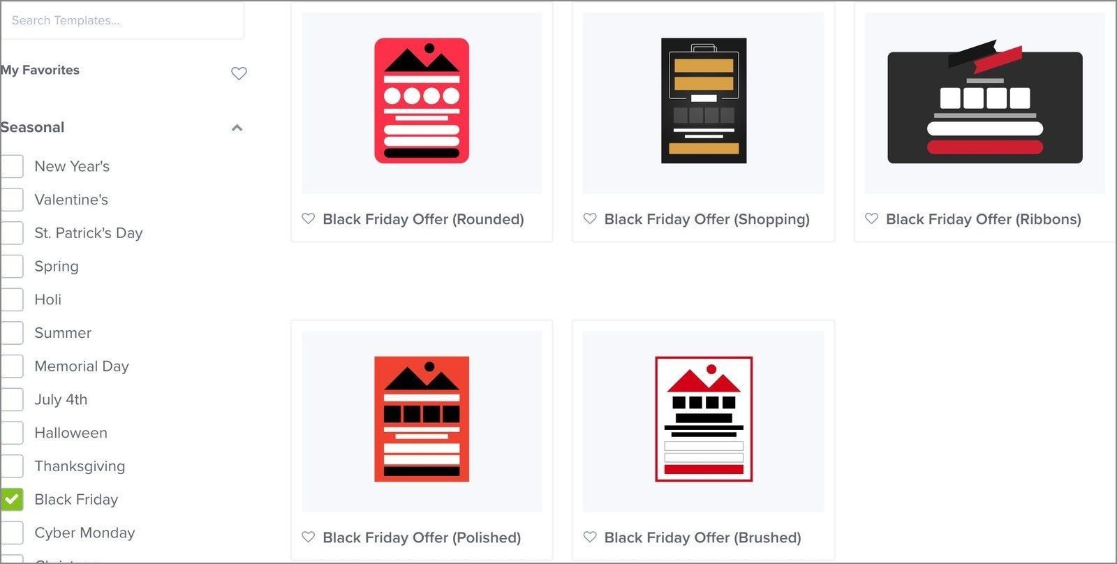 The OptinMonster template library with the Seasonal Black Friday filter ticked, showing five ready-made Black Friday popup templates