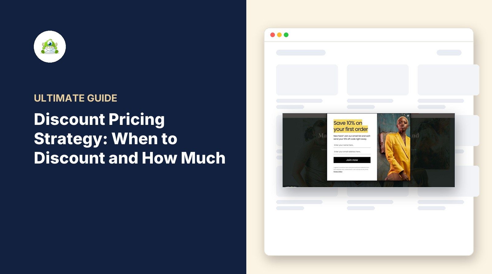 Discount pricing strategy guide, with an OptinMonster popup offering 10% off a first order