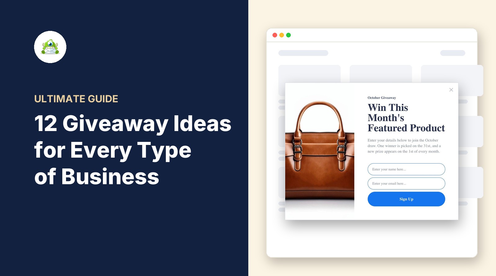 Featured image for 12 giveaway ideas: an OptinMonster giveaway popup offering a leather handbag as this month's prize, shown over a store page.